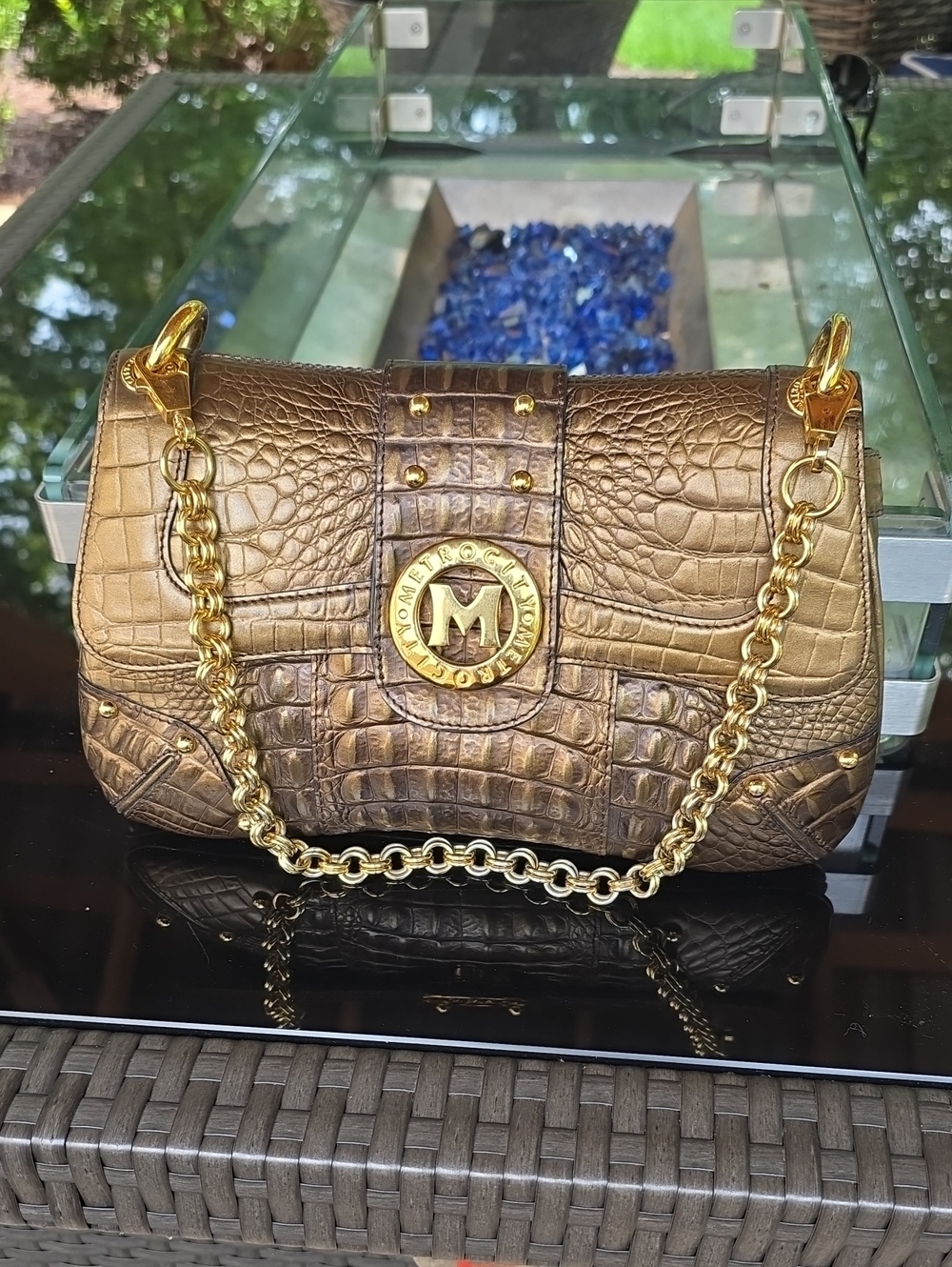 MetroCity Bronze Croc-Embossed Shoulder Bag with Gold Chain Strap